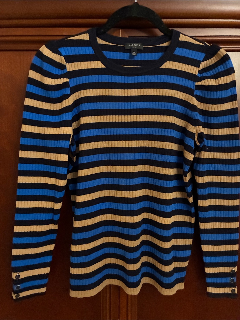 Talbots Black, Blue & Tan Striped Ribbed Crew Sweater